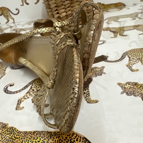 Authentic Prada pre-loved gold strappy lizard  heels/wedges - size 37 1/2 - Picture 6 of 8